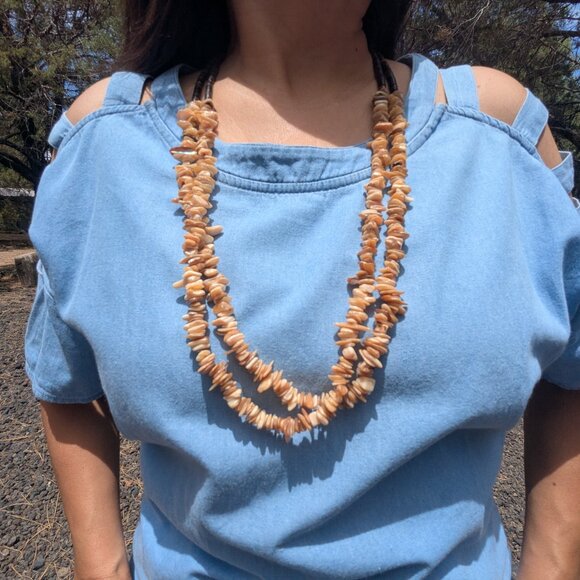 Navajo Two Strand Shell Chip Beaded Pullover Necklace w/ Pen Shell Heishi ** - Picture 8 of 12
